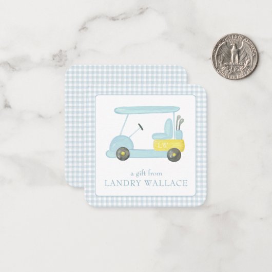 Preppy Gingham Waterverf Blauw Monogram Golfkar Notitiekaartje (Voorkant / Achterkant in situ)