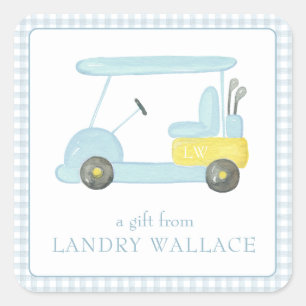Preppy Gingham Waterverf Blauw Monogram Golfkar Vierkante Sticker