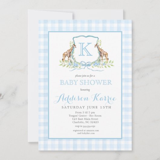 Preppy Giraffe Crest Baby shower uitnodiging (Voorkant)