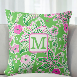 Preppy Giraffen Lily Monogram / Groen Roze Bloemmo Kussen
