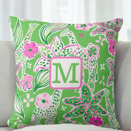 Preppy Giraffen Lily Monogram / Groen Roze Bloemmo Kussen