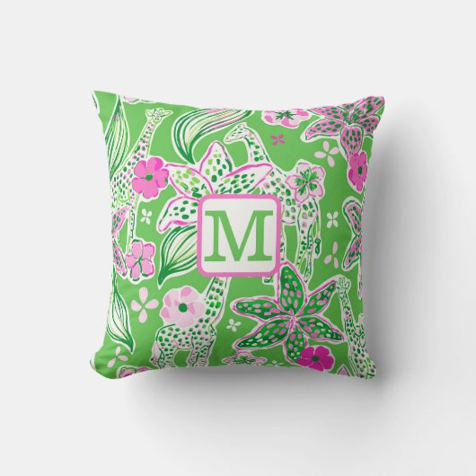 Preppy Giraffen Lily Roze Groen Monogram Kussen (Voorkant)