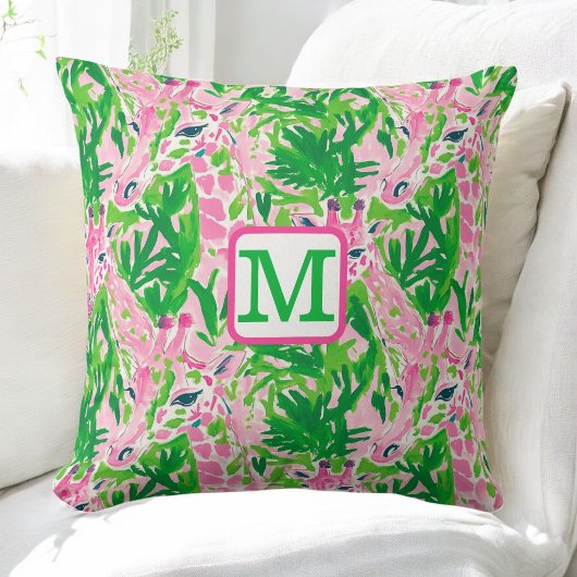 Preppy Giraffen Roze Groen Tropisch Monogram Kussen