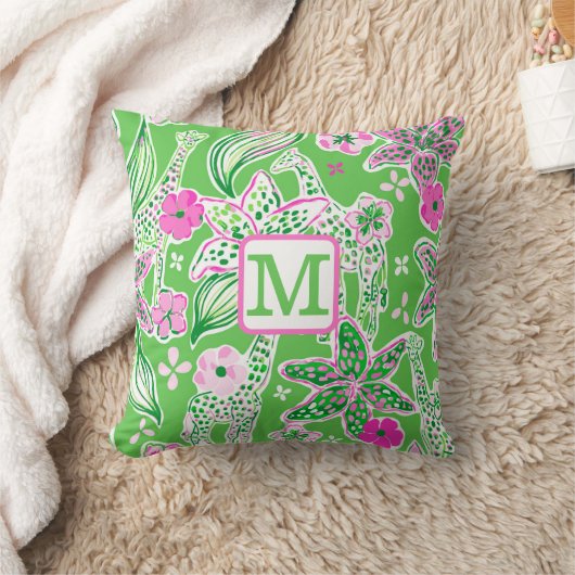 Preppy Giraffes Lily Roze Groen Monogram Kussen (Deken)