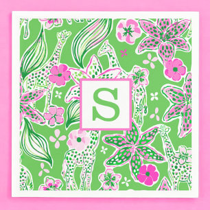Preppy Giraffes Lily Roze Groen Monogram Servet