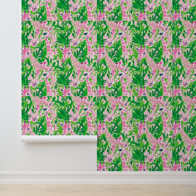 Preppy Giraffes Roze Groen Tropisch Behang (Applicatie)
