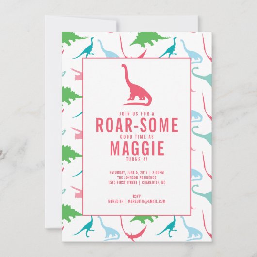 Preppy Girl Dinosaur Birthday Party Invitation Kaart (Voorkant)