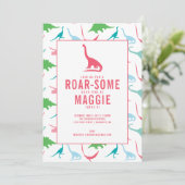 Preppy Girl Dinosaur Birthday Party Invitation Kaart (Staand voorkant)