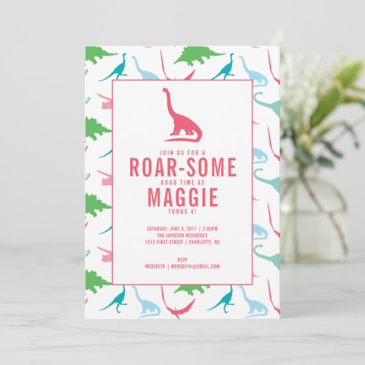 Preppy Girl Dinosaur Birthday Party Invitation Kaart (Staand voorkant)