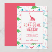 Preppy Girl Dinosaur Birthday Party Invitation Kaart (Voorkant / Achterkant)