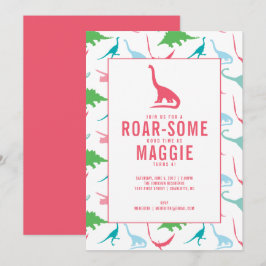 Preppy Girl Dinosaur Birthday Party Invitation Kaart