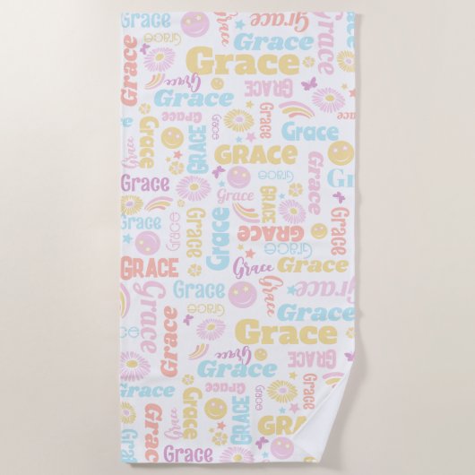 Preppy glimlach regenboog bloem vlinder aangepaste strandlaken (Voorkant)