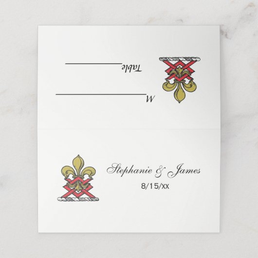Preppy Gold Red Heraldic Crest Fleur de Lis Emblem Plaatskaartje (Buitenkant ongevouwen)
