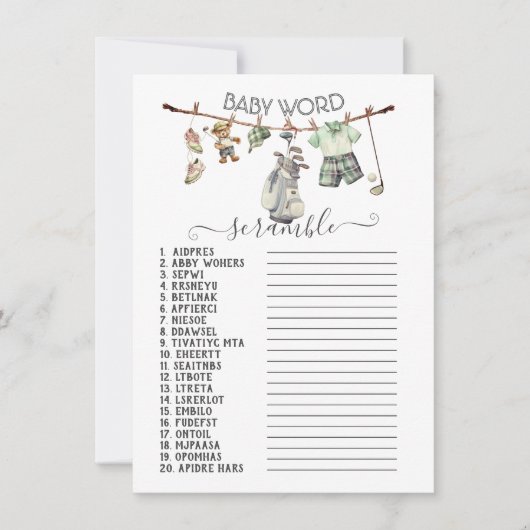 Preppy Golf Clothesline Baby Word Scramble Kaart (Voorkant)