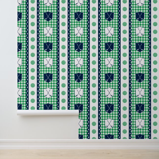 Preppy Golf Crest Gingham in Groen & Marineblauw Behang (Applicatie)