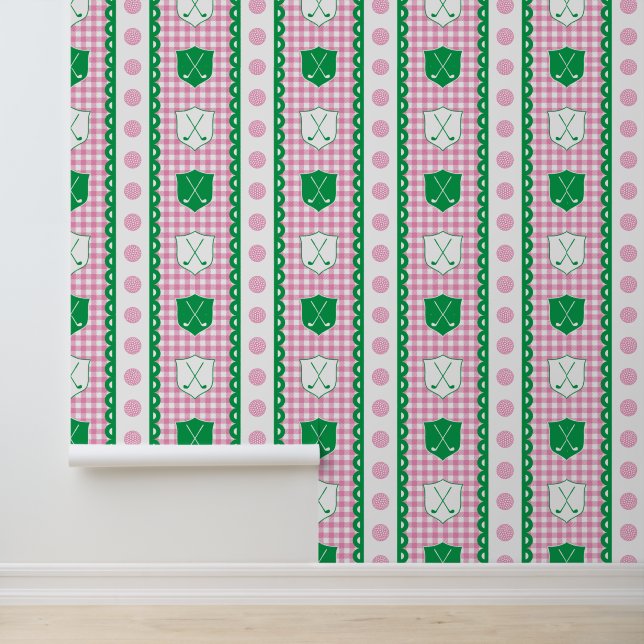 Preppy Golf Crest Gingham in Roze & Groen Behang (Applicatie)