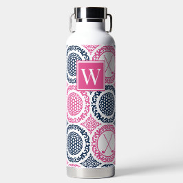 Preppy Golf Damask – Ballen & Clubs in Roze Navy Waterfles