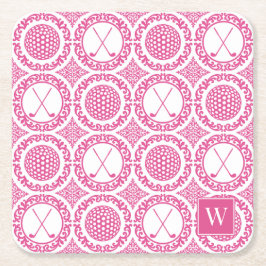 Preppy Golf Damask - Ballen en clubs in hete roze Kartonnen Onderzetters