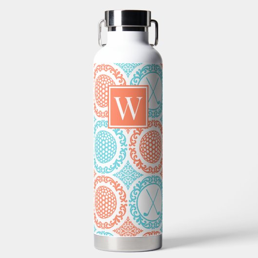 Preppy Golf Damask – Balls & Clubs - Coral & Turq Waterfles (Voorkant)