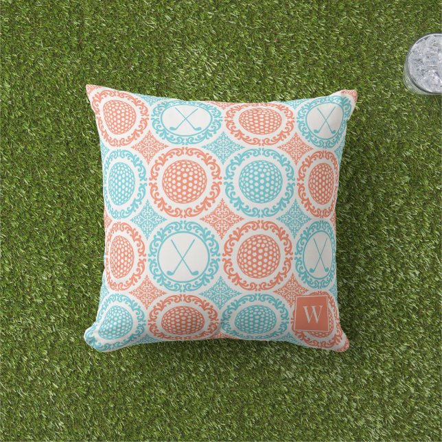 Preppy Golf Damask - Balls & Clubs Coral Turquoise Buitenkussen (Gras)