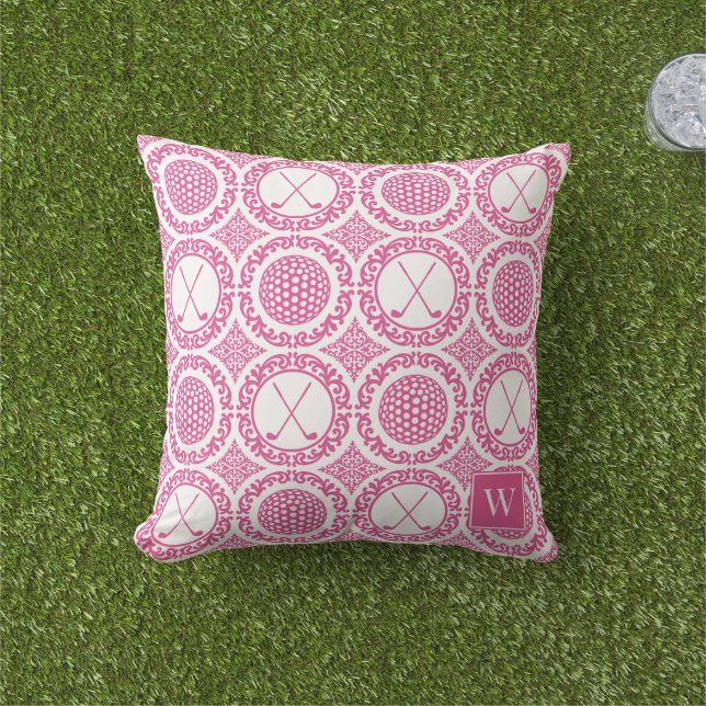 Preppy Golf Damask - Balls & Clubs in Hot Pink Buitenkussen (Gras)