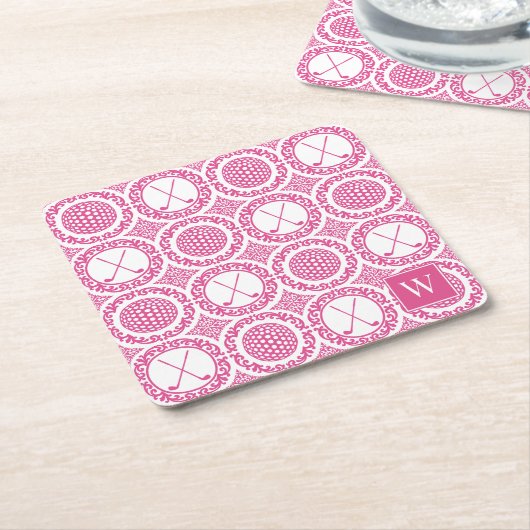 Preppy Golf Damask - Balls & Clubs in Hot Pink Kartonnen Onderzetters (Schuin)