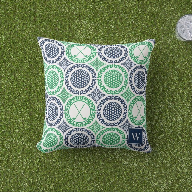 Preppy Golf Damask - Balls & Clubs in Navy & Green Buitenkussen (Gras)