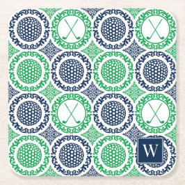 Preppy Golf Damask - Balls & Clubs in Navy & Green Kartonnen Onderzetters