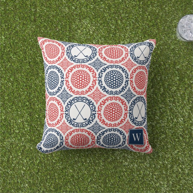 Preppy Golf Damask - Balls & Clubs in Navy & Red Buitenkussen (Gras)