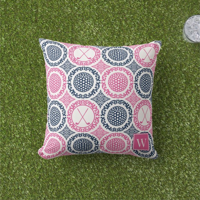 Preppy Golf Damask - Balls & Clubs Navy & Hot Pink Buitenkussen (Gras)