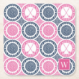 Preppy Golf Damask - Balls & Clubs Navy & Hot Pink Kartonnen Onderzetters