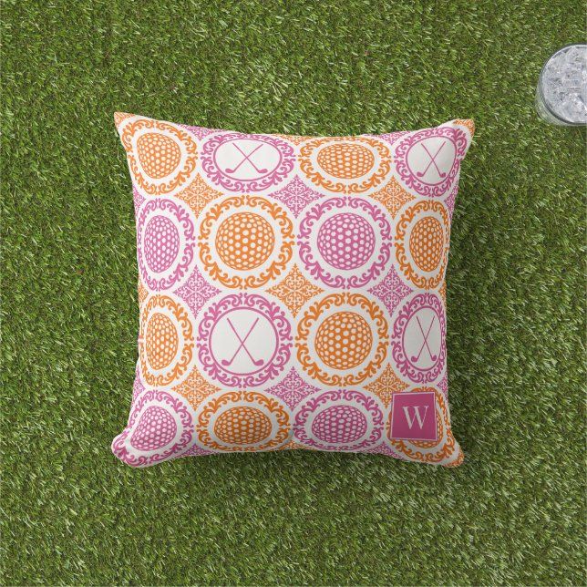 Preppy Golf Damask - Balls & Clubs - Orange & Pink Buitenkussen (Gras)