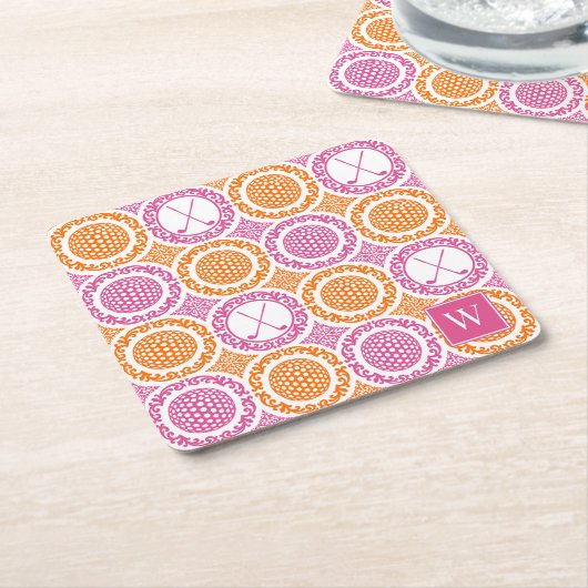 Preppy Golf Damask - Balls & Clubs - Orange & Pink Kartonnen Onderzetters (Schuin)