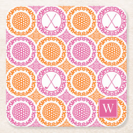 Preppy Golf Damask - Balls & Clubs - Orange & Pink Kartonnen Onderzetters