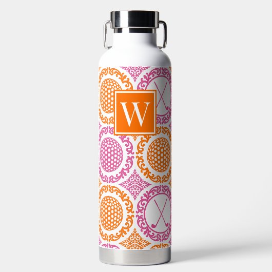 Preppy Golf Damask – Balls & Clubs - Orange & Pink Waterfles (Voorkant)