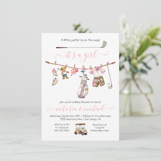 Preppy Golf Meisje Baby shower Kaart (Staand voorkant)
