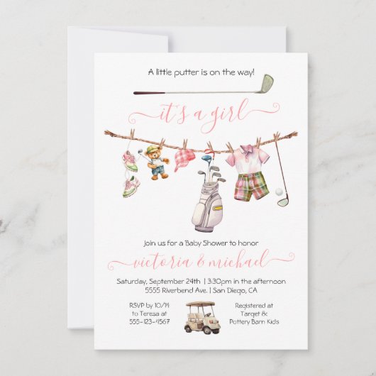 Preppy Golf Meisje Baby shower Kaart (Voorkant)
