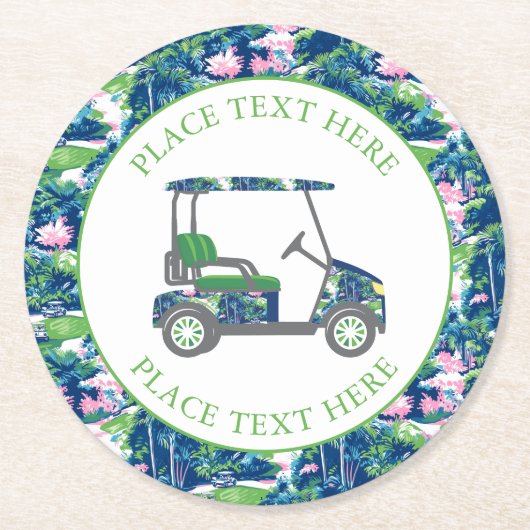 Preppy Golf Print Golf Cart Ronde Kartonnen Onderzetter (Voorkant)