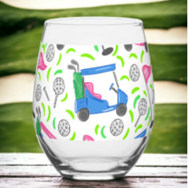 Preppy Golf Roze Blauw Golfkar Patroon Wijnglas Zonder Voet