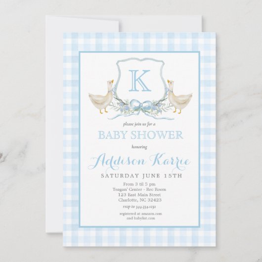 Preppy Goose Blue Gingham Baby Shower Invitation Kaart (Voorkant)