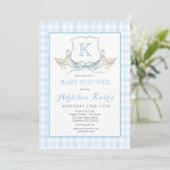 Preppy Goose Blue Gingham Baby Shower Invitation Kaart (Staand voorkant)