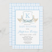 Preppy Goose Blue Gingham Baby Shower Invitation Kaart (Voorkant / Achterkant)
