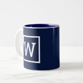 Preppy Grafische Rand Monogram Navyblauw Tweekleurige Koffiemok (Voorkant links)