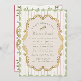 Preppy Grandmillennial Botanical Frame Baby Shower Kaart