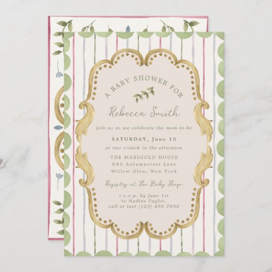 Preppy Grandmillennial Botanical Frame Baby Shower Kaart (Voorkant / Achterkant)