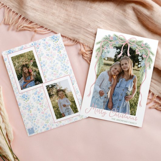 Preppy Grandmillennial Christmas Bow Swag Foto Feestdagenkaart