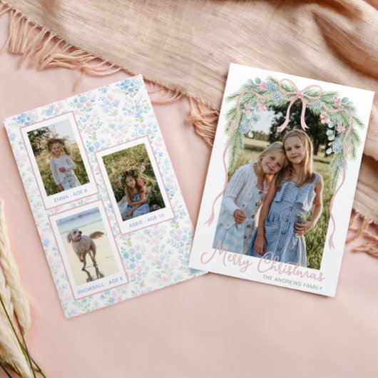 Preppy Grandmillennial Christmas Bow Swag Foto Feestdagenkaart