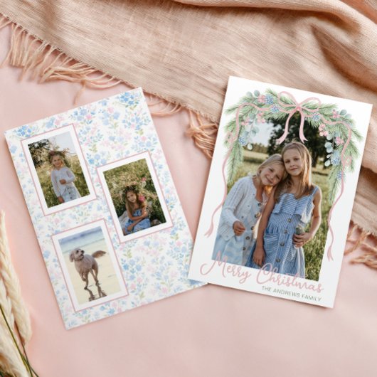 Preppy Grandmillennial Christmas Bow Swag Foto Feestdagenkaart