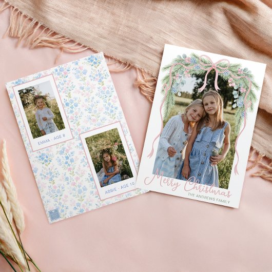 Preppy Grandmillennial Christmas Bow Swag Foto Feestdagenkaart