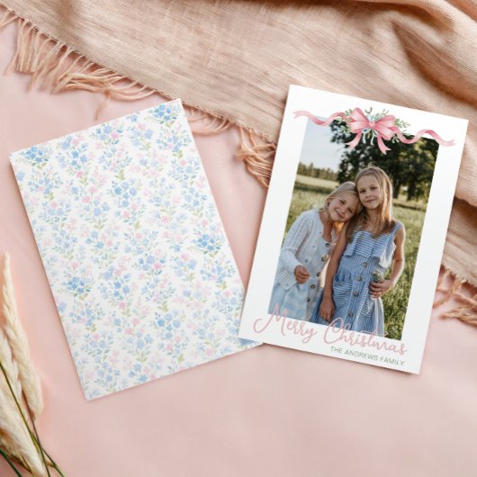 Preppy Grandmillennial Christmas Bow Swag Foto Feestdagenkaart